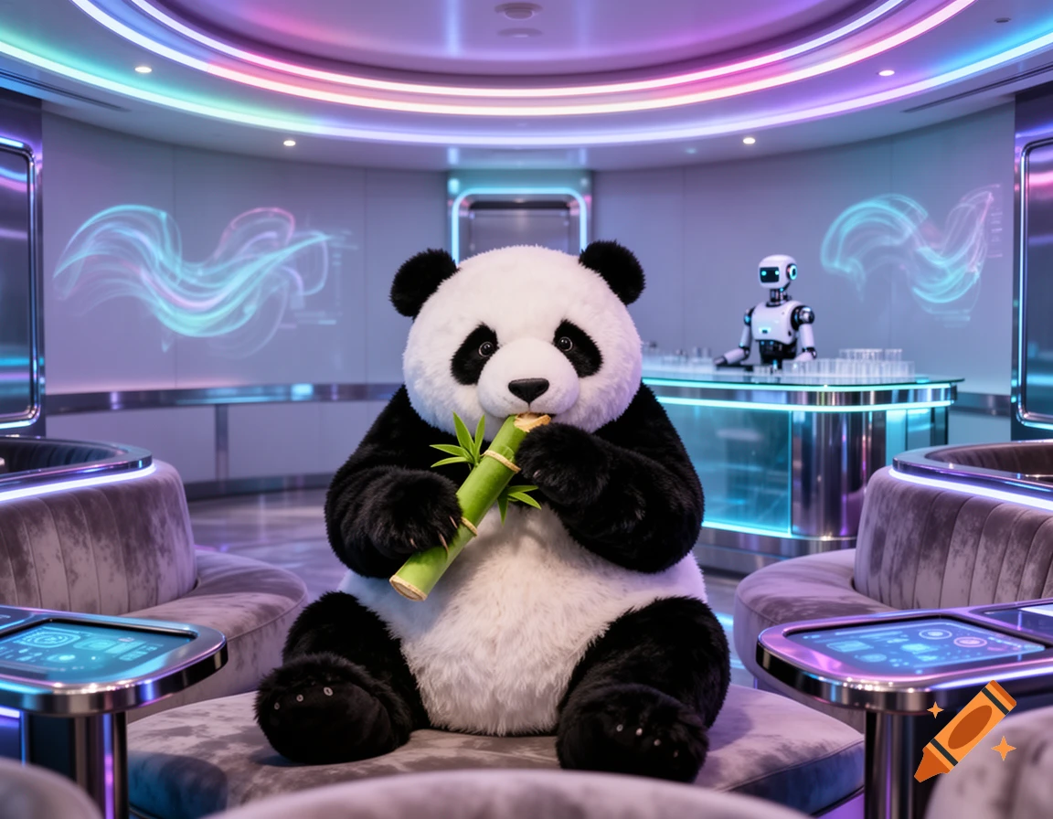 A large stuffed panda sits on a plush sofa in a futuristic, neon-lit lounge, eating bamboo while a robot bartender stands behind a bar.