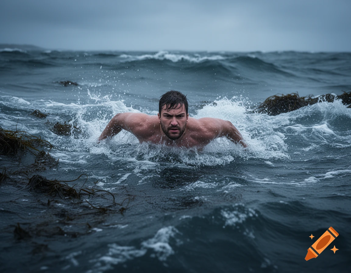 A determined man swims with powerful strokes through choppy, dark sea water.