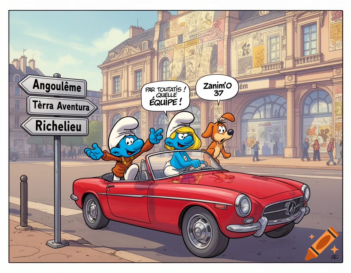 Cartoon scene with two Smurfs and a dog in a red convertible car, parked by a road sign pointing to Angoulême, Tèrra Aventura, and Richelieu, in front of a building with comic murals.