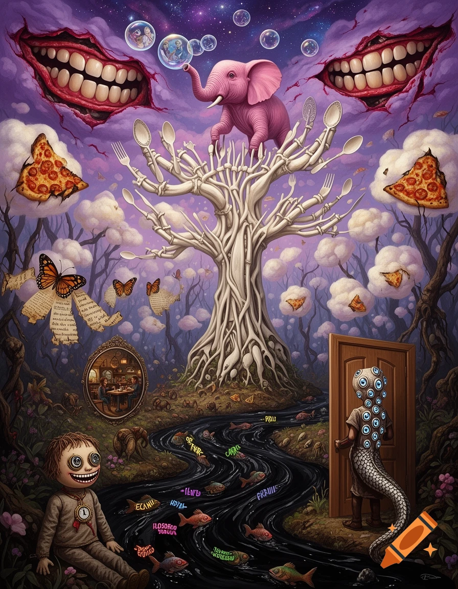 A dark, dreamlike surreal landscape with a pink elephant on a tree of bones, a rag doll, a multi-eyed figure, floating pizza slices, and laughing mouths in a purple sky.