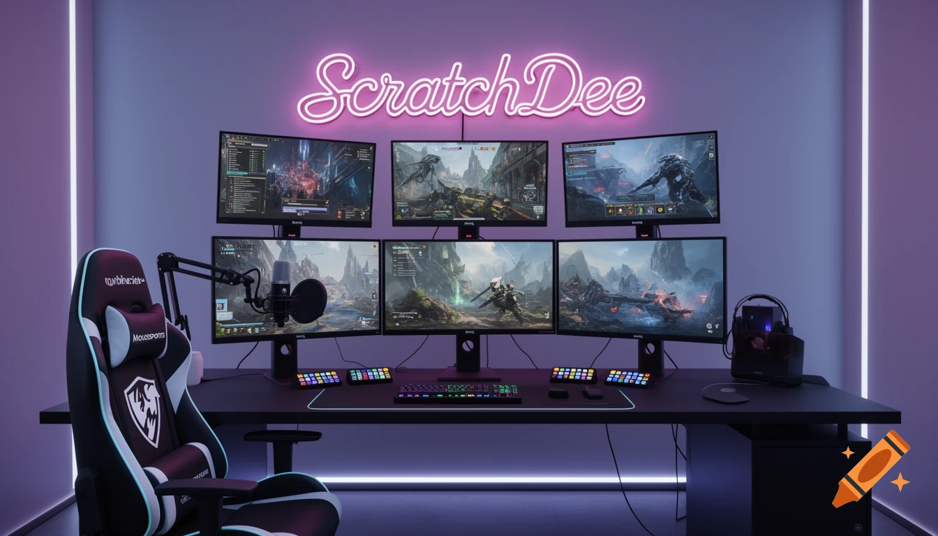 A modern gaming room with a multi-monitor streaming setup. A neon "ScratchDee" sign glows above six monitors displaying game scenes. A gaming chair, microphone, and stream decks are on a large desk, all illuminated with purple light.