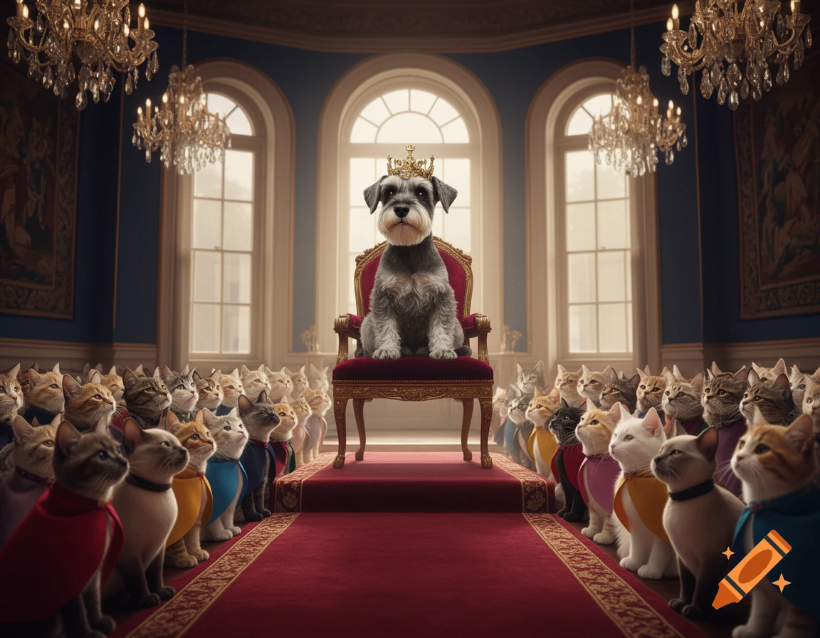 A mini schnauzer king wearing a crown sits on a red velvet throne in a grand hall, surrounded by numerous cat servants.