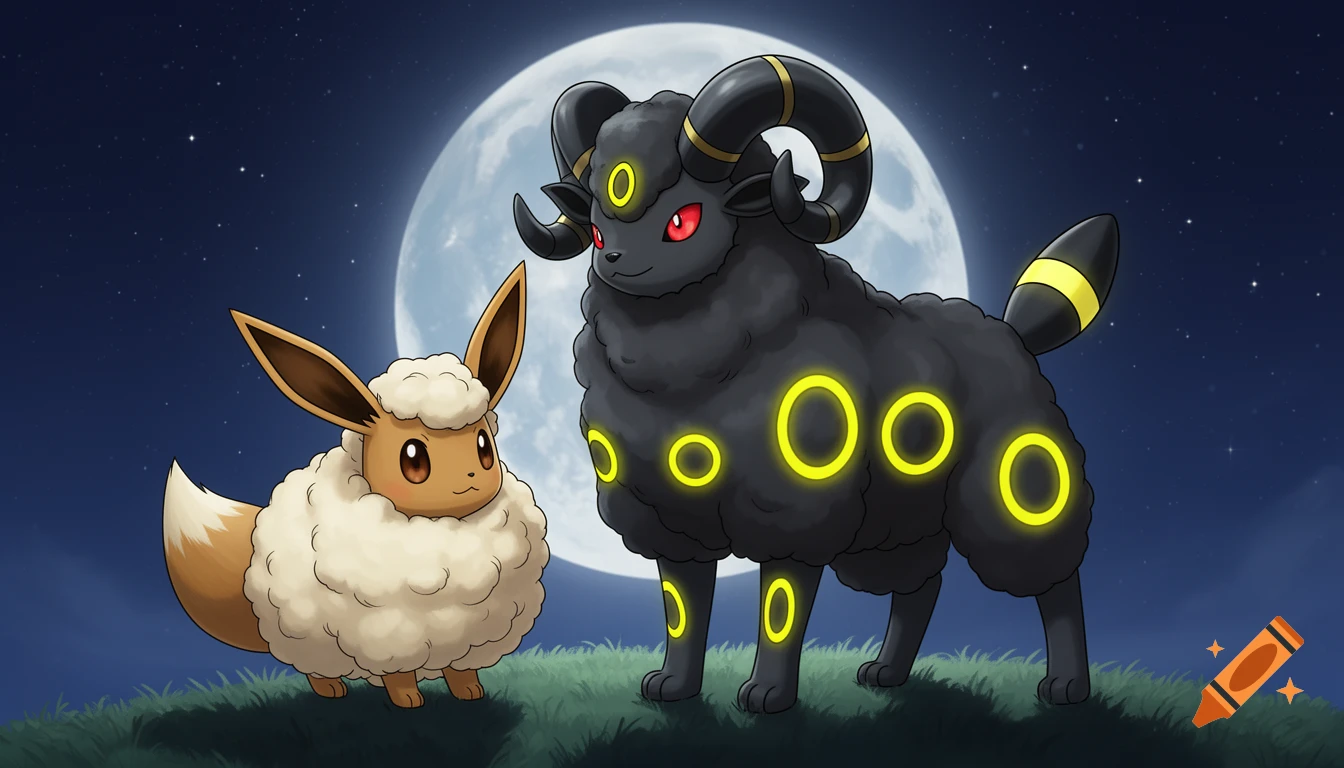 A ram-like black Umbreon-Dubwool fusion and a fluffy Eevee-Wooloo fusion stand on a grassy hill under a full moon and starry sky in digital art style.