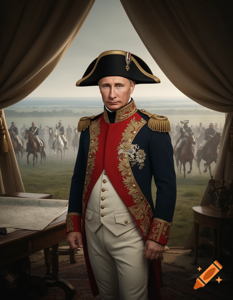 Photorealistic portrait of Vladimir Putin dressed as Napoleon Bonaparte, standing in a military uniform with cavalry in the background.