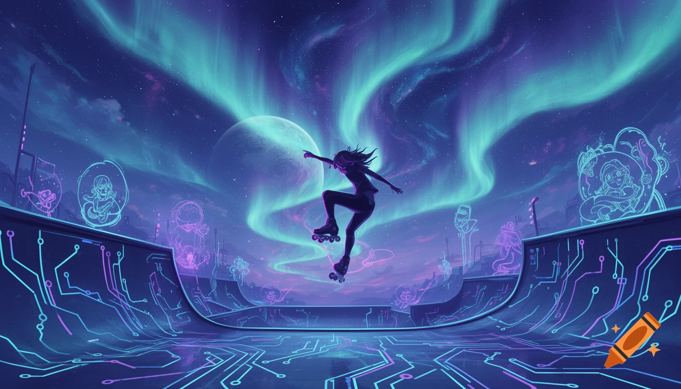 A person in silhouette rollerblading in a futuristic skatepark with neon circuit patterns, under a vibrant sky with an aurora and a large moon.