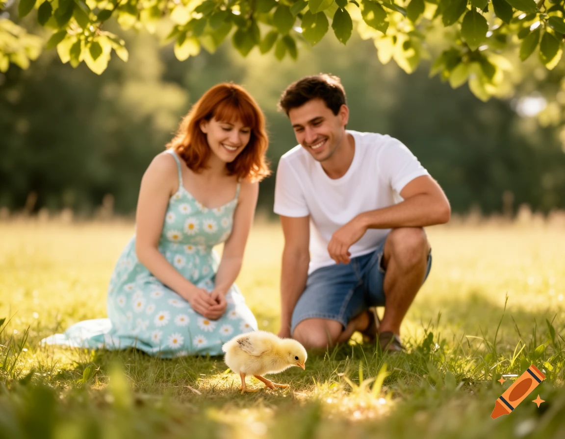 A smiling man and woman kneel in a sunny grassy field, looking at a small yellow chick.