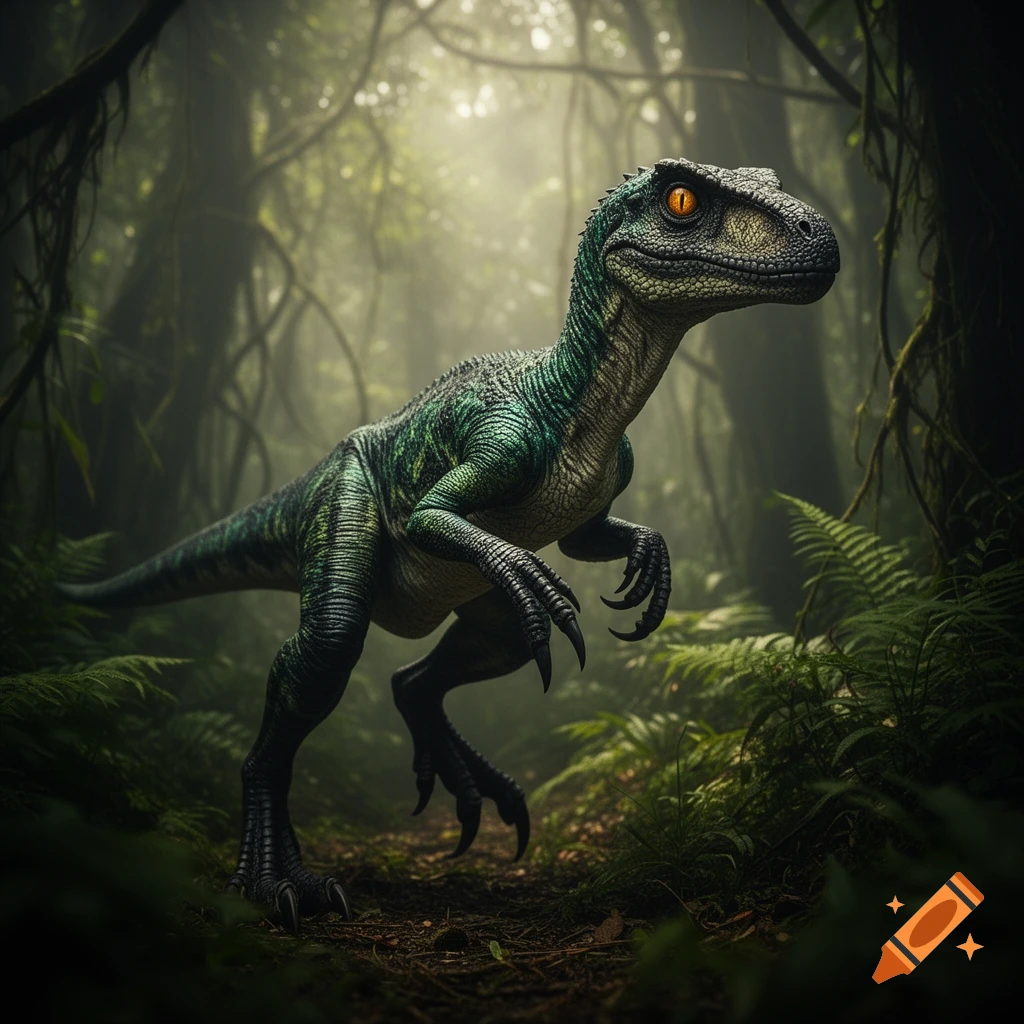 A detailed, realistic velociraptor with striking orange eyes stands in a lush, misty jungle.