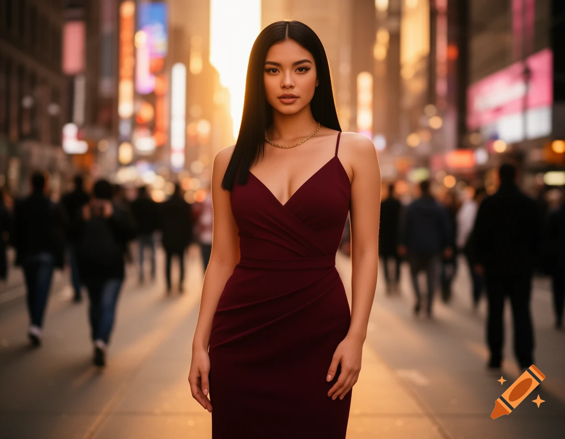 A woman wearing a dark red, low-cut dress and a gold necklace stands on a blurred city street with bright lights, photorealistic.