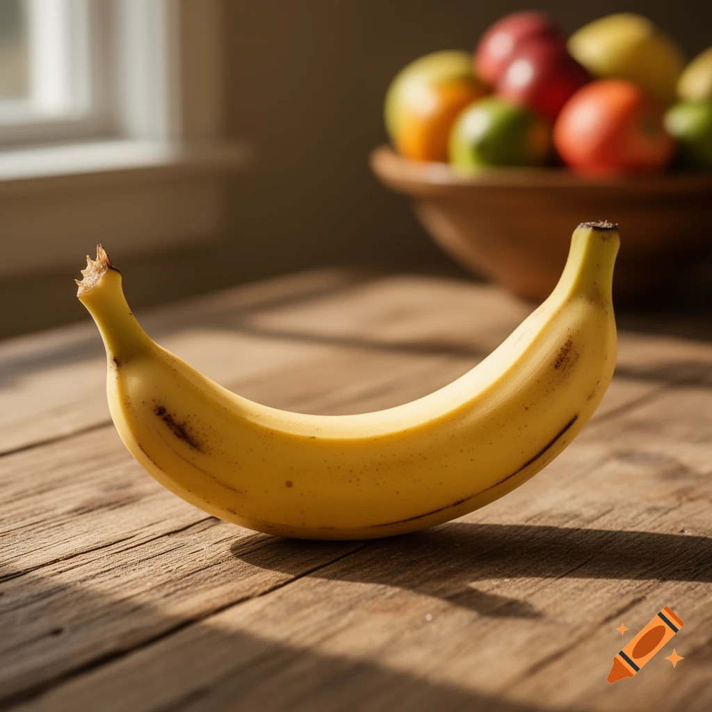 A single ripe yellow banana rests on a rustic wooden table, illuminated by sunlight. A blurred bowl of assorted fruits is in the background.