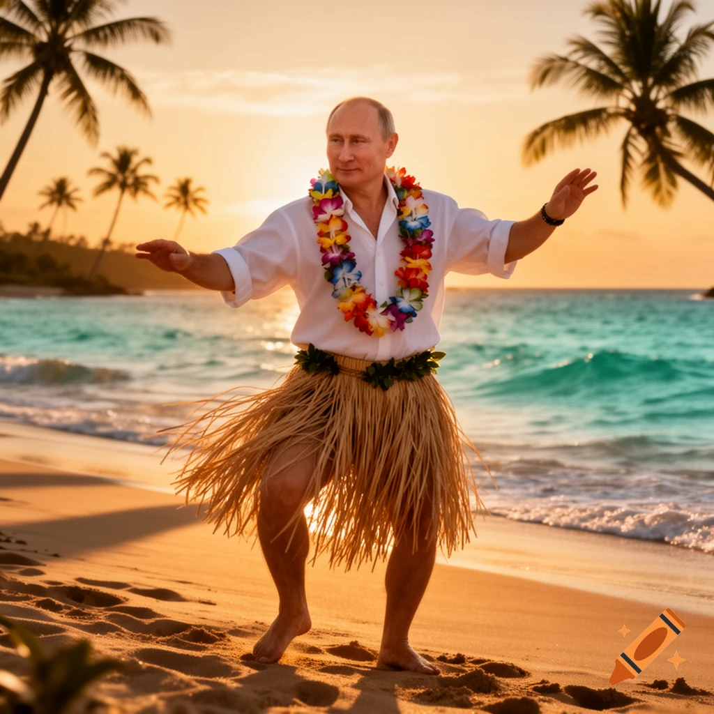 Vladimir Putin doing a hula dance on a tropical beach at sunset, wearing a lei and a grass skirt.