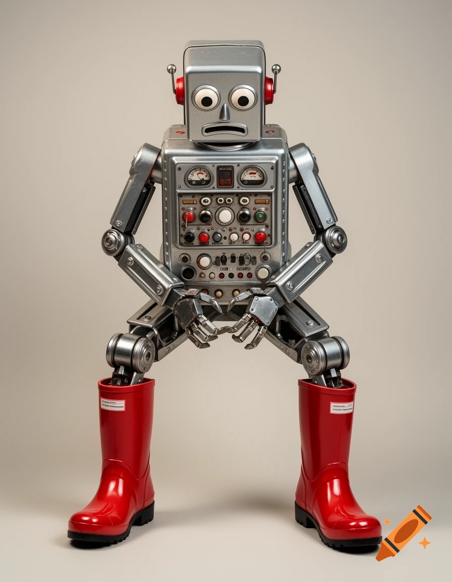 A silver robot with red headphones and feet in shiny red wellington boots stands with legs wide, hands clasped near its crotch.