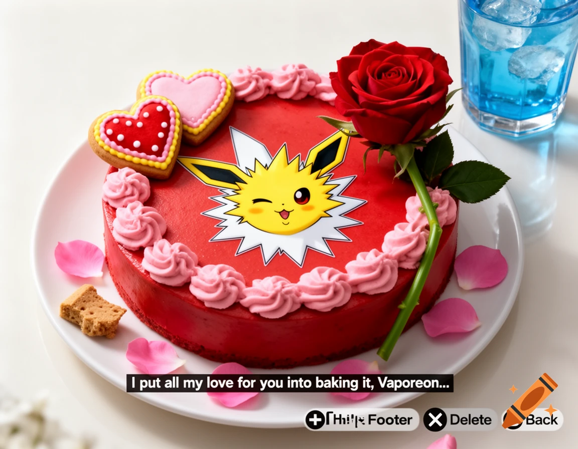 A red cake decorated with a winking Jolteon, pink icing dollops, heart cookies, and a red rose, surrounded by pink petals. A glass of blue drink is in the background, and game subtitles read, "I put all my love for you into baking it, Vaporeon..."