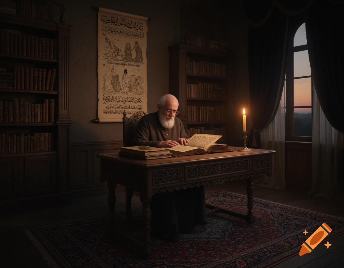 An old bearded man in a dark study reads a large book by candlelight, surrounded by bookshelves and a patterned rug, with a scroll on the wall.