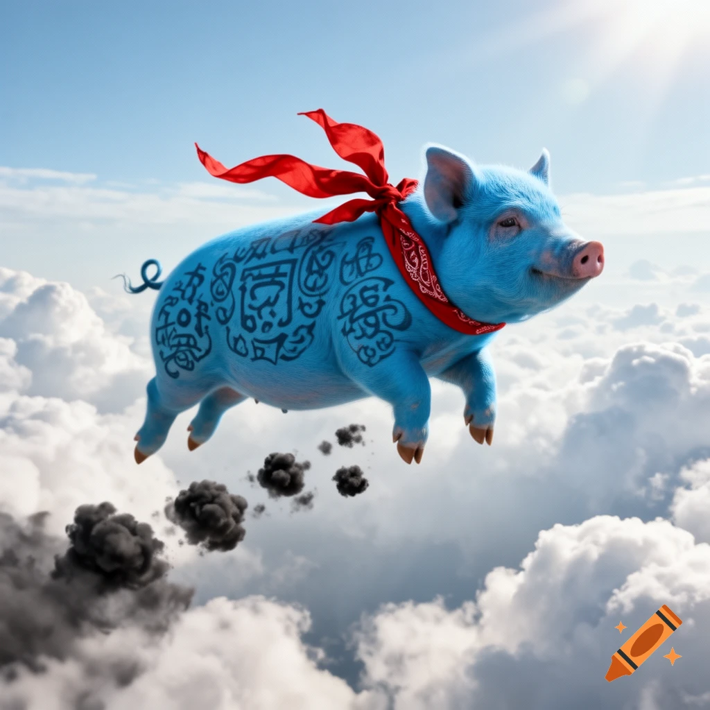 A photorealistic blue pig with tattoos and a red bandana flies through a sunny, cloudy sky, leaving smoke trails behind.