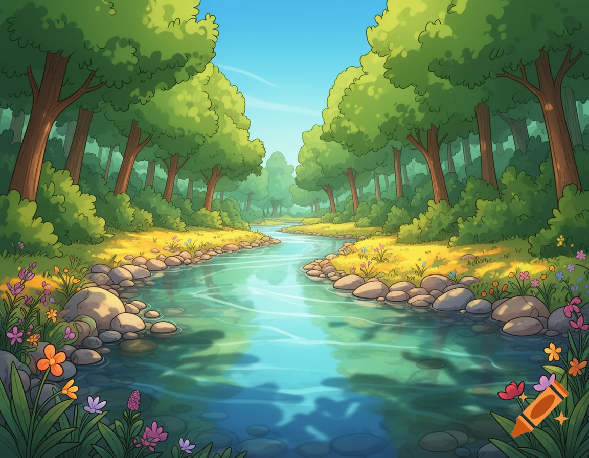 A cartoon river with clear blue water flowing through a vibrant green forest, surrounded by trees, rocks, and colorful flowers under a bright sky.