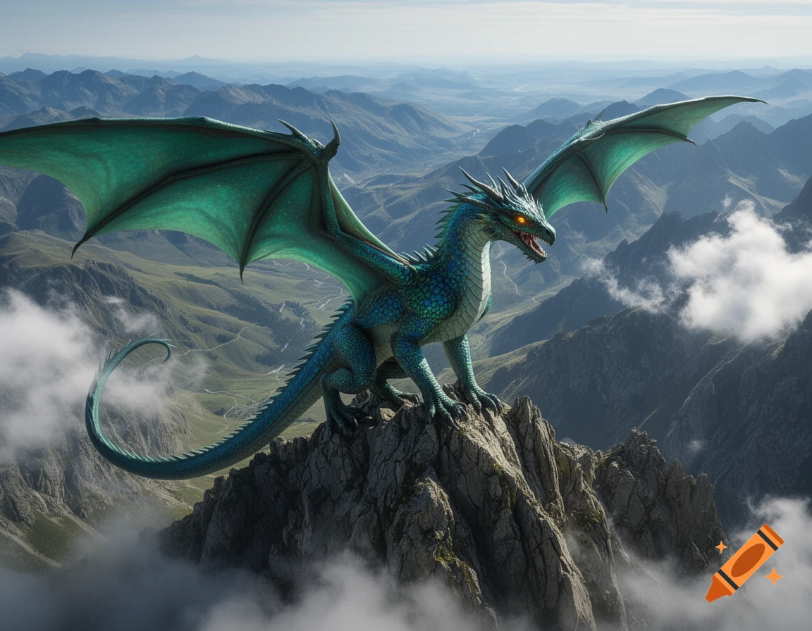 A majestic blue-green dragon with glowing eyes perches on a rocky mountain peak overlooking a vast, misty mountain range.