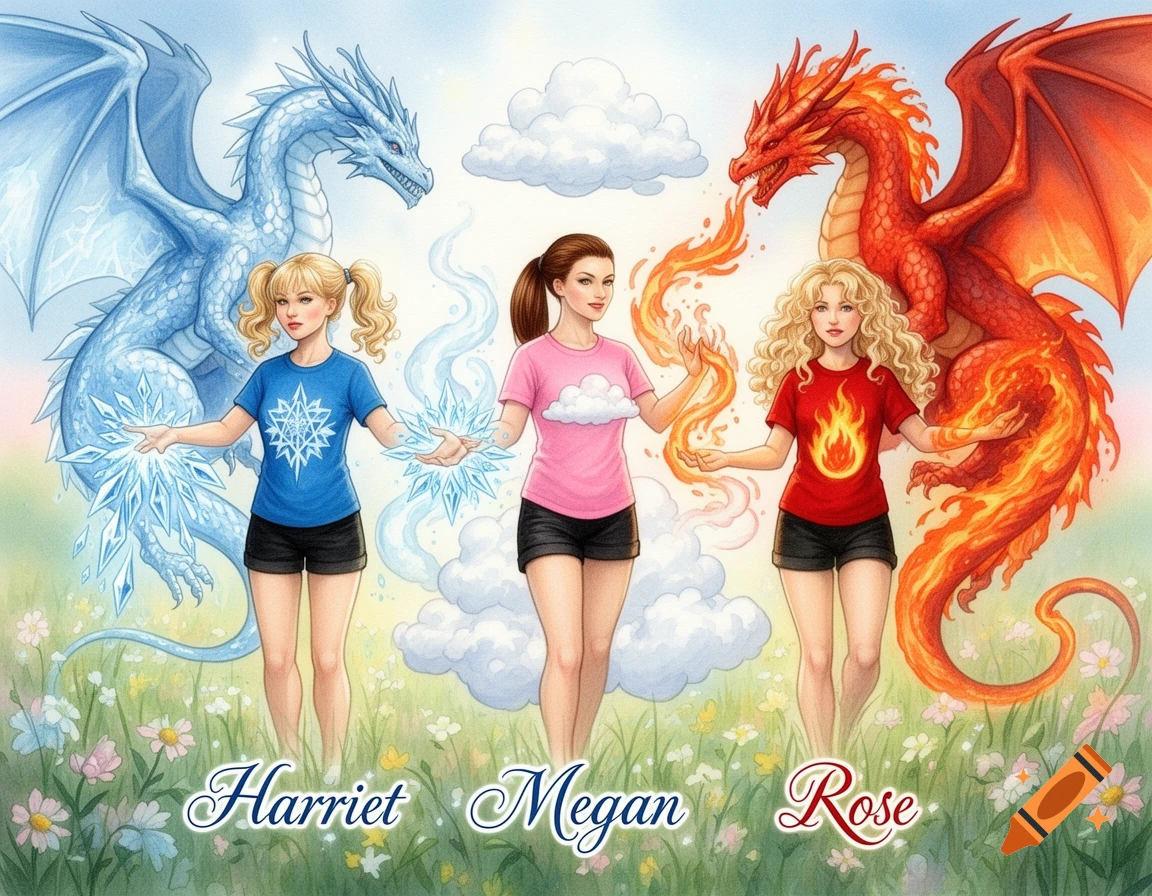 Three young women with elemental magic (ice, clouds, fire) and their respective dragons, standing in a field of flowers.