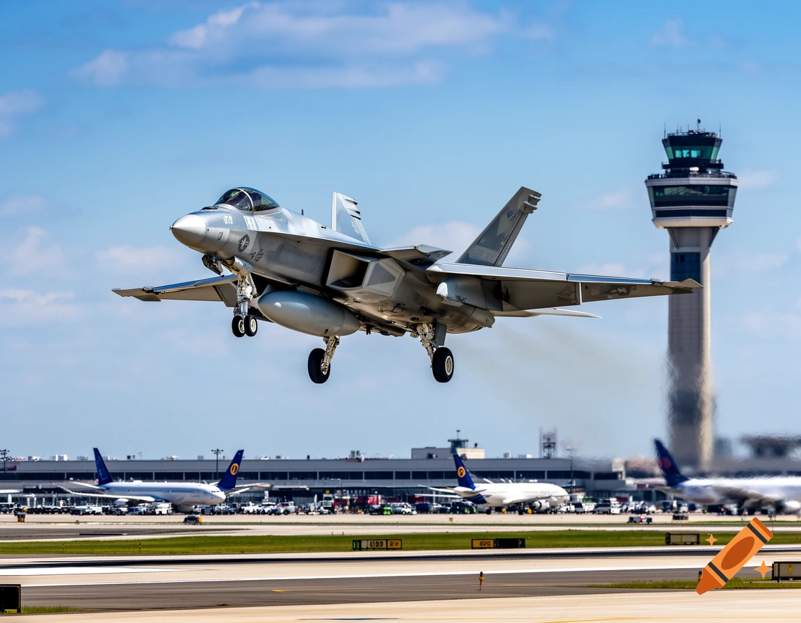 A photorealistic image of a grey fighter jet taking off or landing at an airport, with an air traffic control tower and commercial planes in the background.