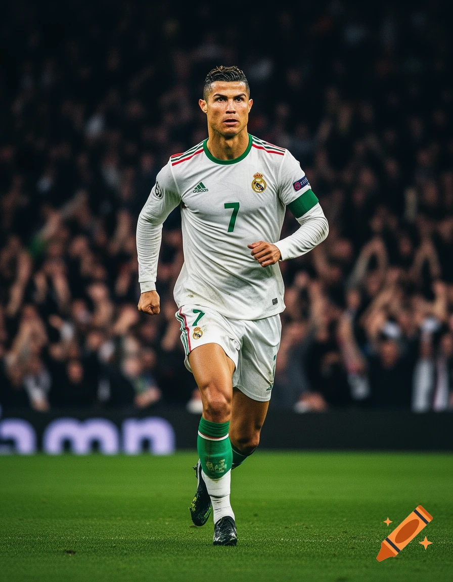 Photorealistic image of Cristiano Ronaldo in a white and green soccer uniform, running on a green field in a stadium.