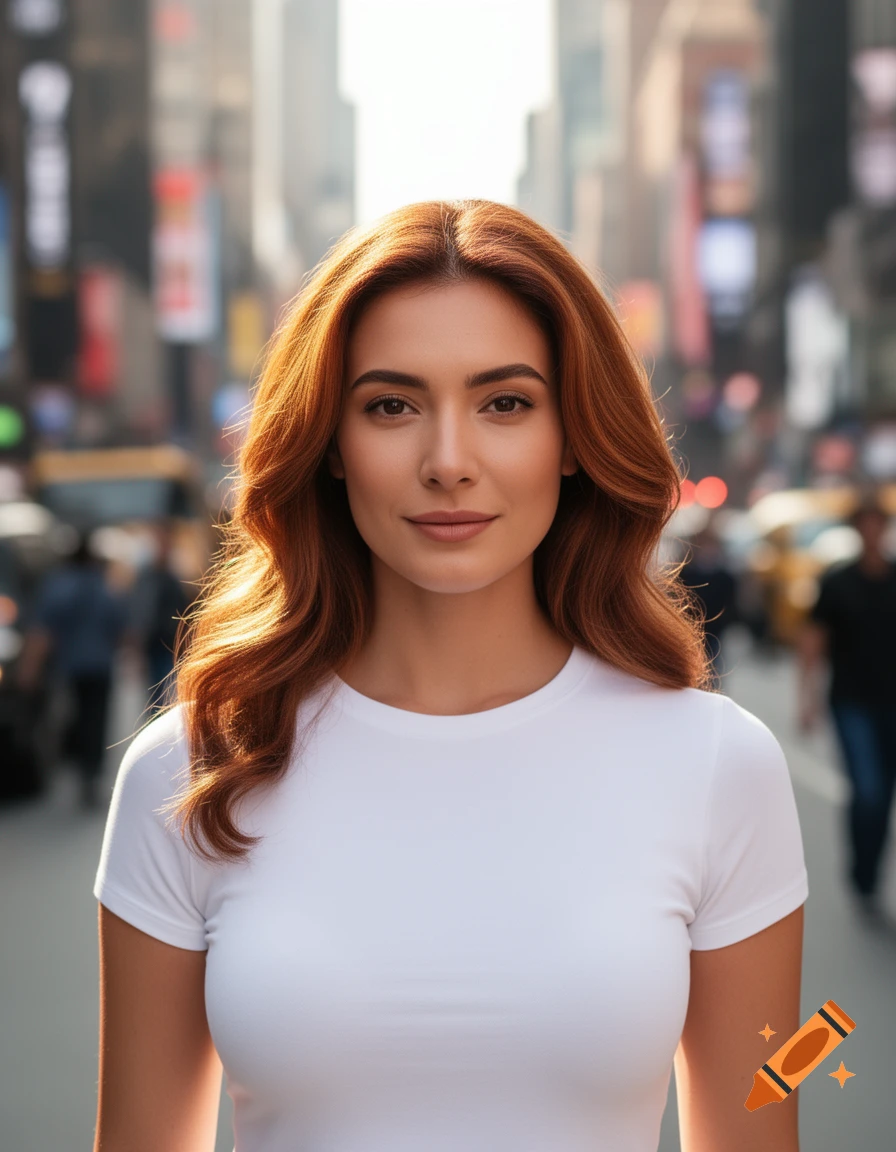 Photorealistic portrait of a woman with red hair wearing a white t-shirt, standing on a bustling city street.