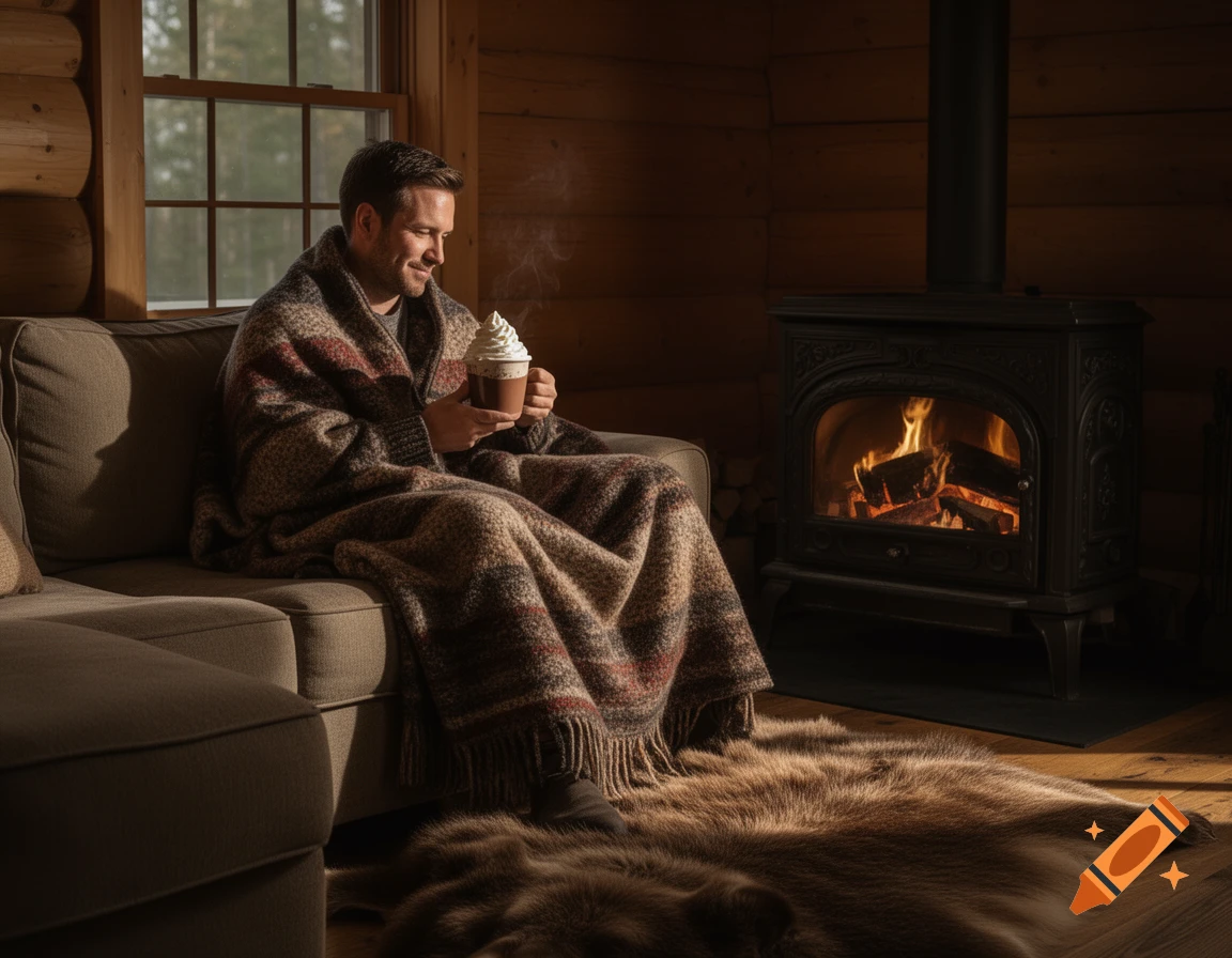A man wrapped in a thick blanket sits on a sofa, smiling while holding a mug of hot cocoa by a warm fireplace in a log cabin.