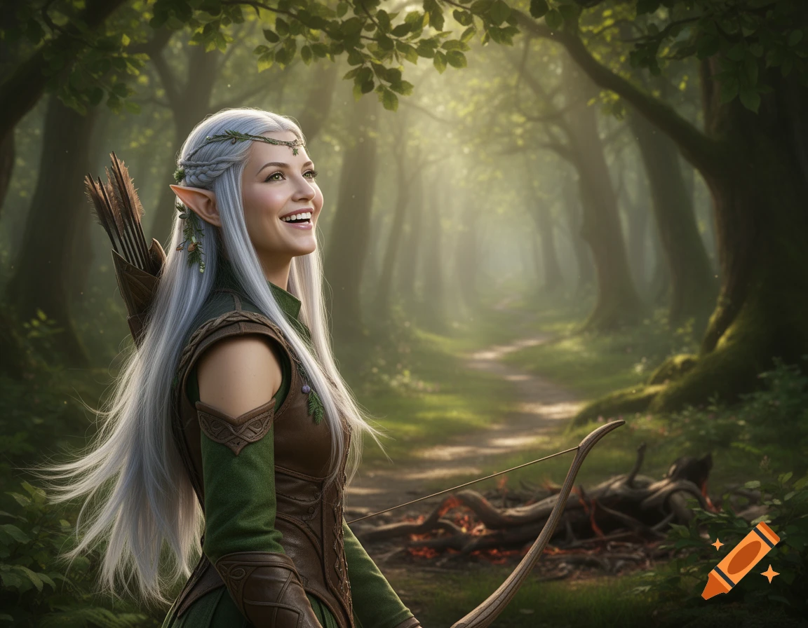 Smiling female elf hunter with a bow and quiver in an enchanted sunlit forest, photorealistic.