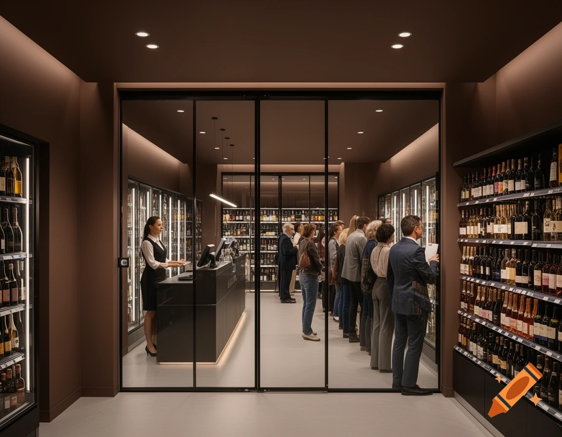 An interior view of a modern wine store with dark walls, featuring a cashier at a counter and customers waiting in line.