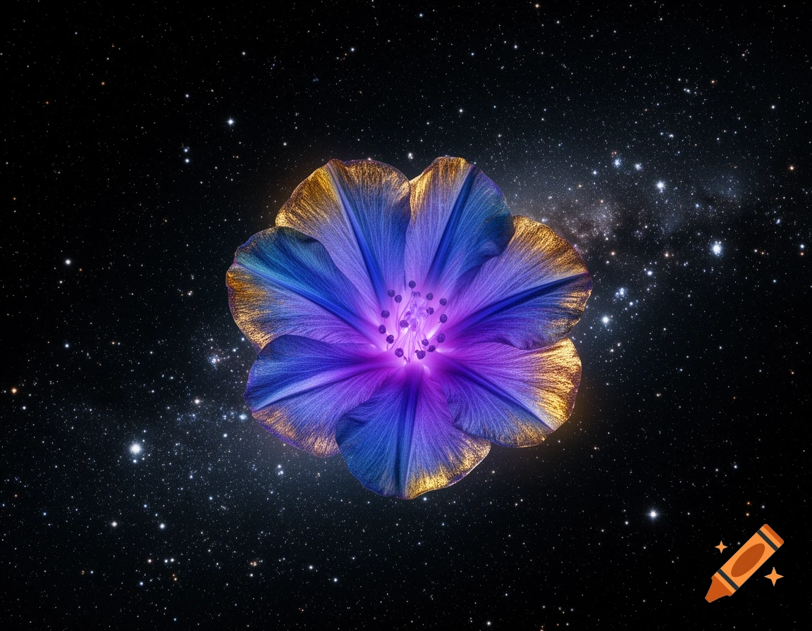 A vibrant blue and gold glowing flower, with a purple center, against a dark starry space background.