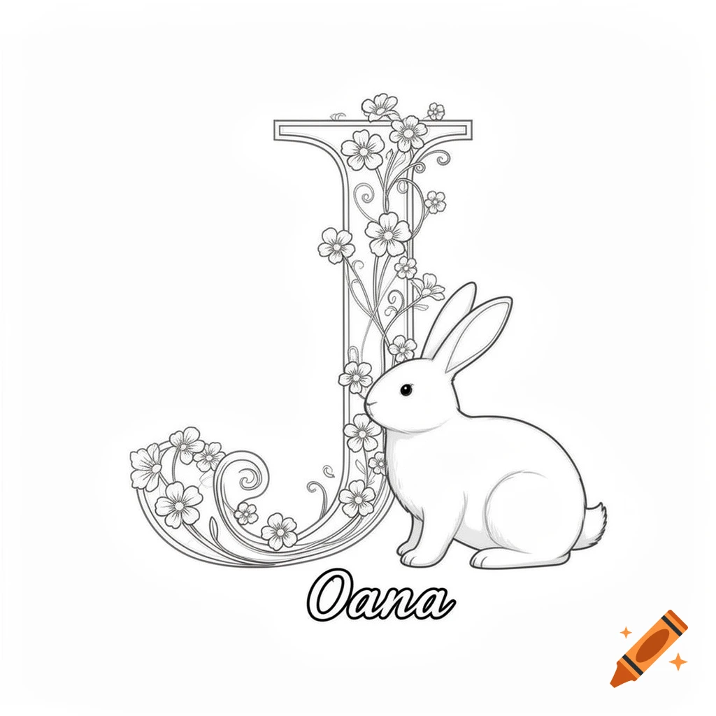 Line drawing of a floral letter J with a white bunny next to it and the name Oana written below.