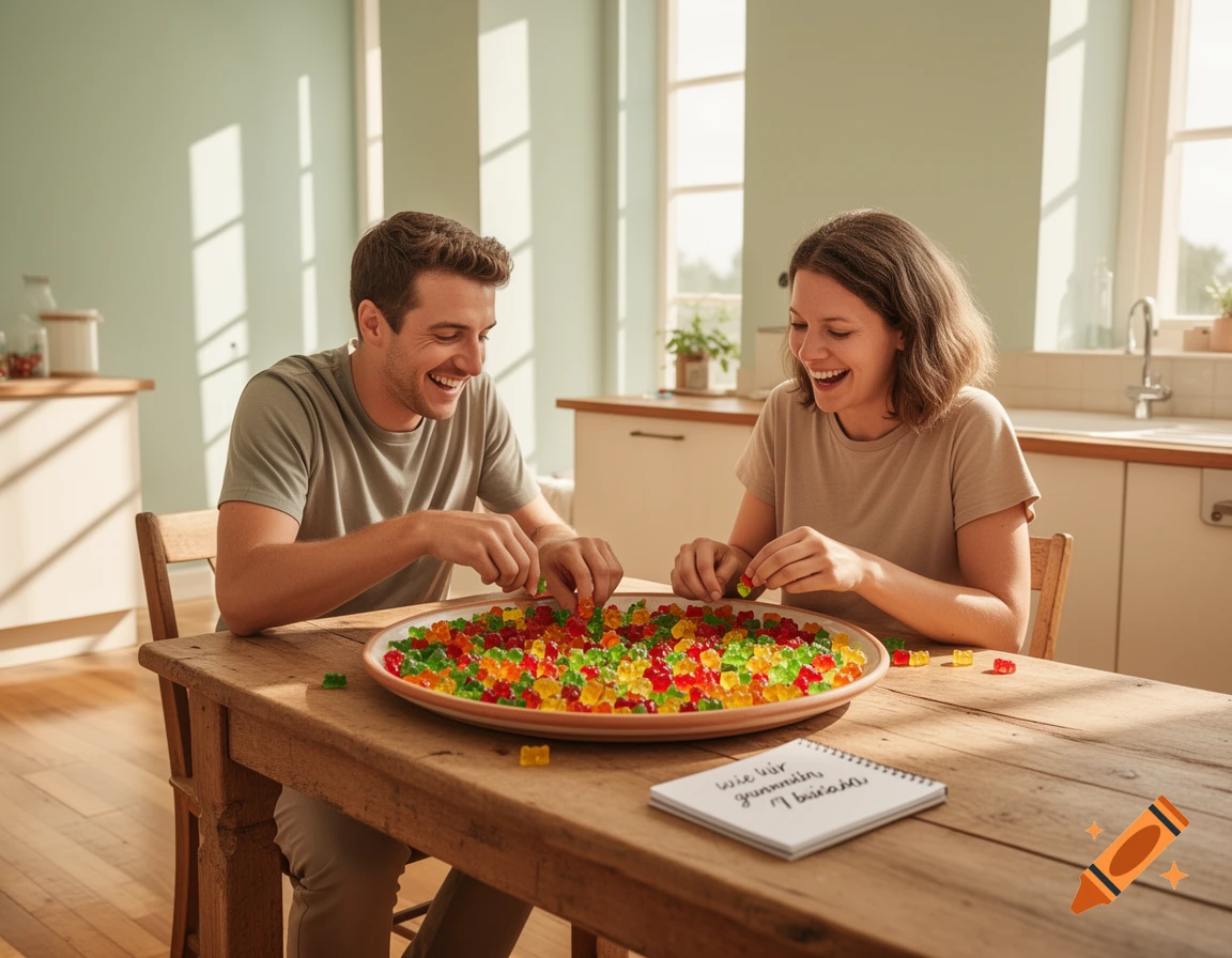 A smiling man and woman sit at a wooden table in a bright kitchen, picking colorful gummy bears from a large platter.