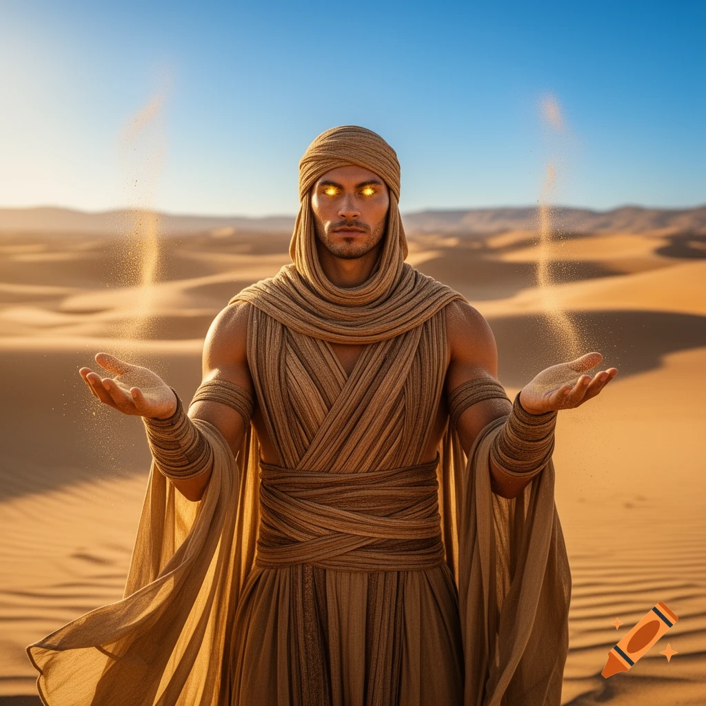 Photorealistic Sand King in desert robes with glowing gold eyes, holding hands out as sand floats above them in a vast desert landscape.