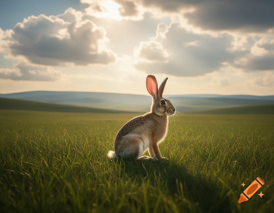 A photorealistic jack rabbit sits in a lush green field, illuminated by sunlight under a cloudy sky.