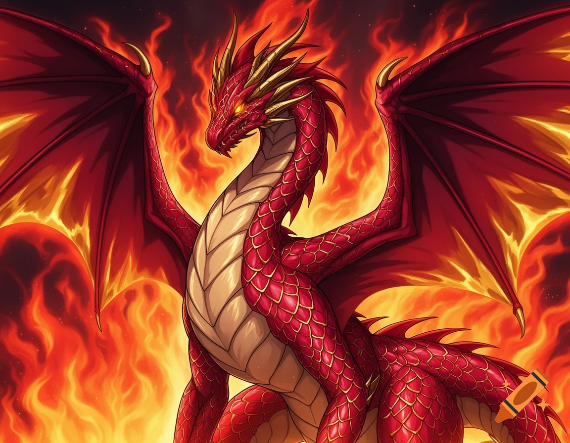 An anime style red and gold dragon with its wings spread, surrounded by fiery flames.