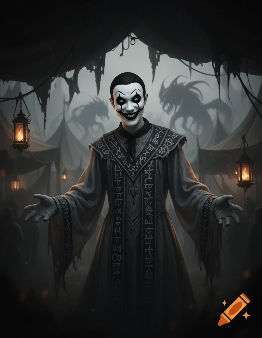 A creepy mime in a dark, hooded robe with arcane symbols stands with open arms in a misty, ominous fantasy market with shadowy monster figures in the background.