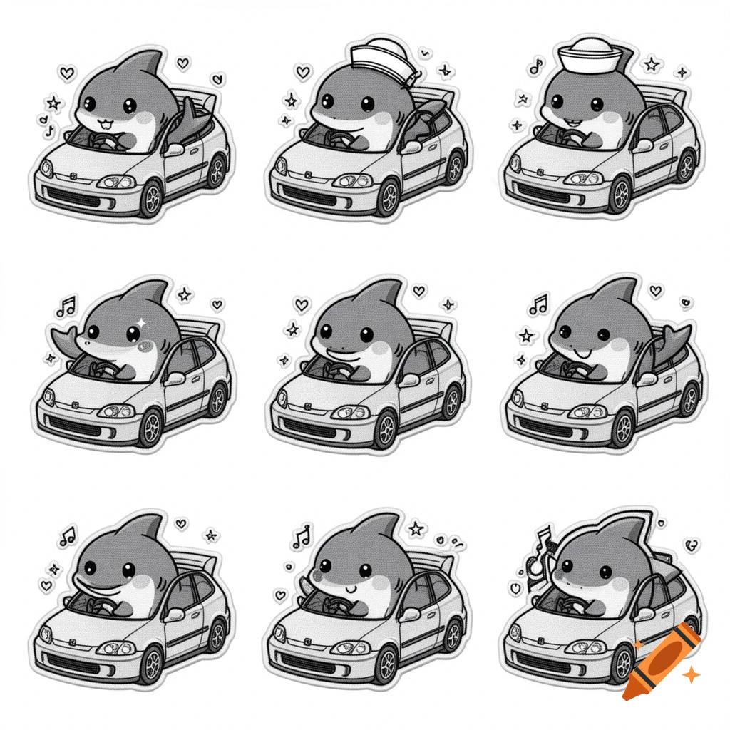 Nine grayscale kawaii cartoon sharks driving Honda Civic cars, stylized as patches, some wearing sailor hats.