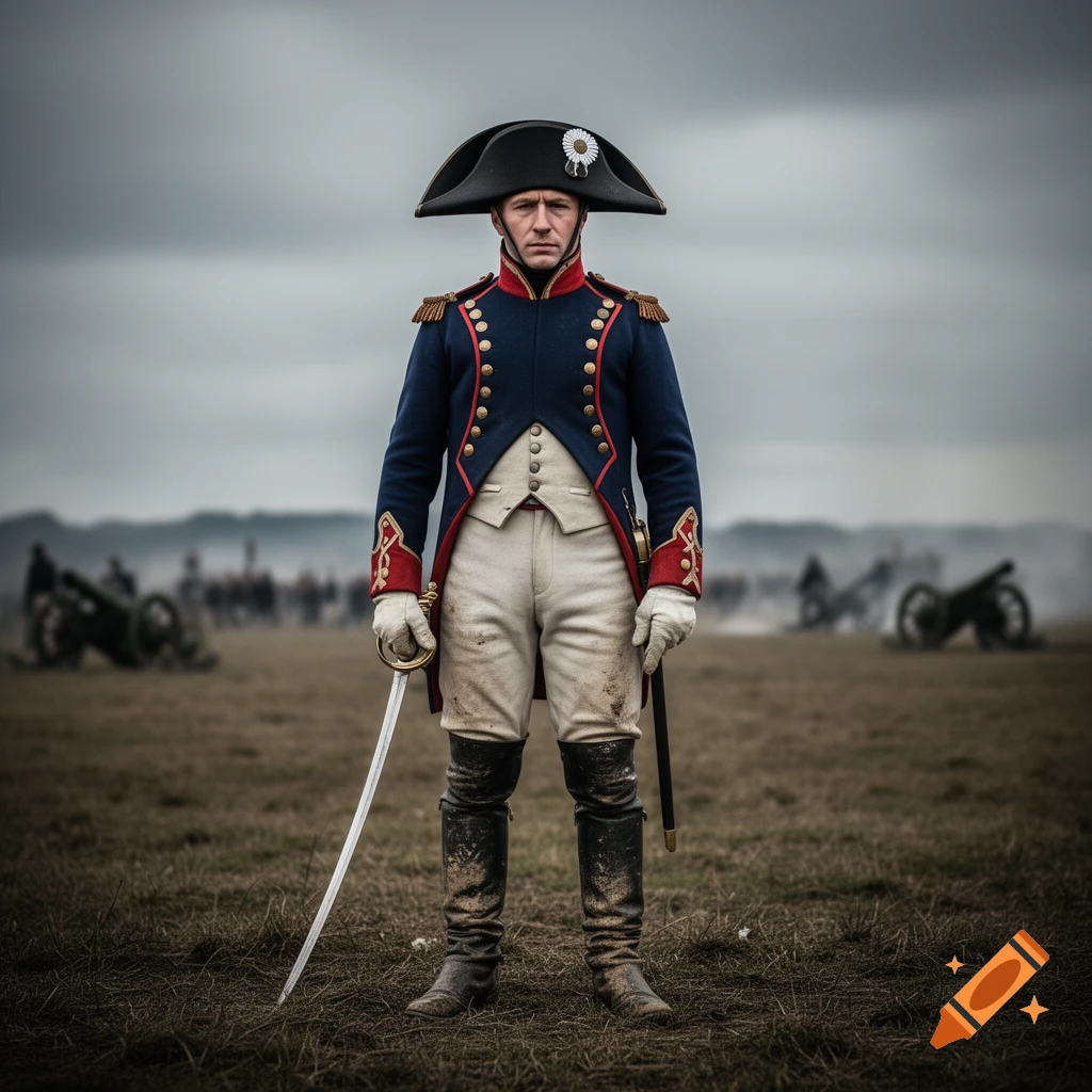 Photorealistic Napoleonic soldier in blue uniform and bicorne hat, holding a sword, stands on a muddy battlefield under a cloudy sky with blurred troops.