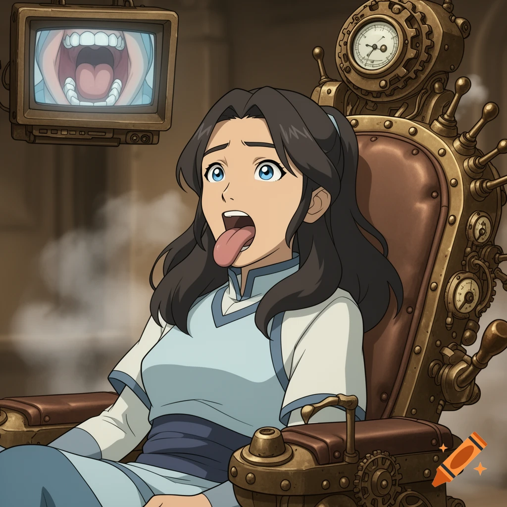 Anime character Katara sits in a steampunk dental chair, mouth wide open with tongue out, a screen above shows her open mouth.