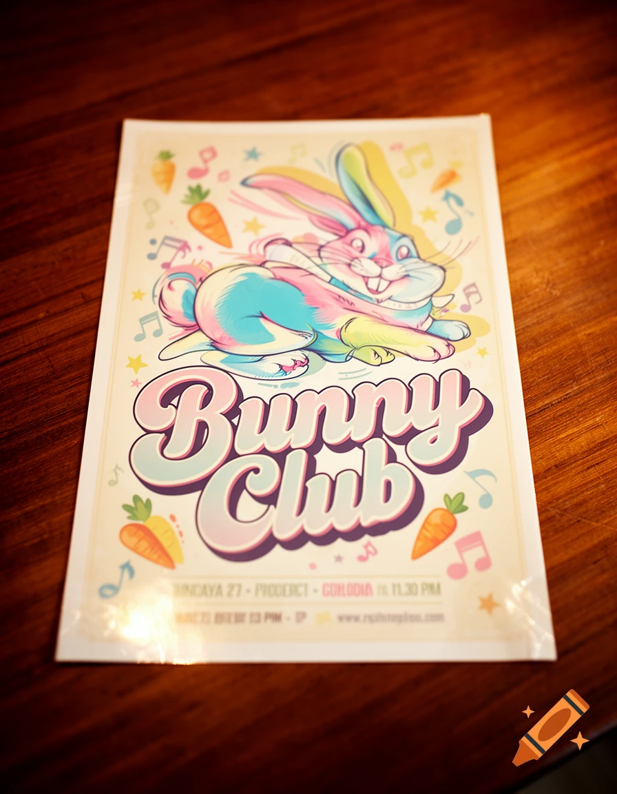 A colorful retro-style flyer for 'Bunny Club' featuring a pastel-colored cartoon rabbit surrounded by musical notes and carrots, lying on a wooden table.