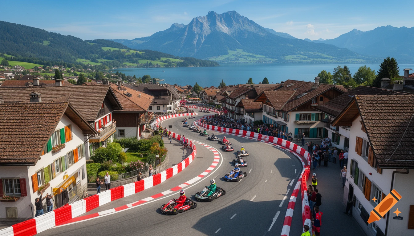 Go-karts race on a winding road through a picturesque Swiss town next to a lake and mountains under a clear sky.