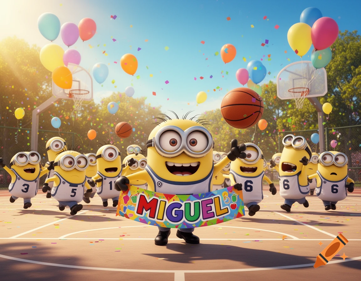 A group of cheerful Minions in basketball jerseys on a sunny court, one holding a 'MIGUEL' birthday banner, with balloons and confetti.
