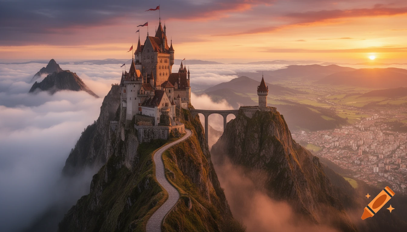 A majestic fantasy castle stands atop a cloud-shrouded mountain, connected by a bridge to a watchtower, with a city and sunrise visible below.