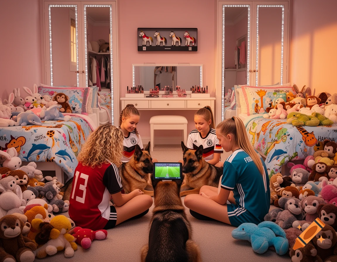 Three young girls and two German Shepherds watch a soccer game on an iPad in a pink bedroom filled with beds and many plush toys.