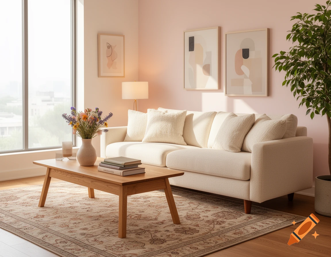 A modern living room with a cream-colored couch, a wooden coffee table with books and flowers, a pink wall, and a large window.