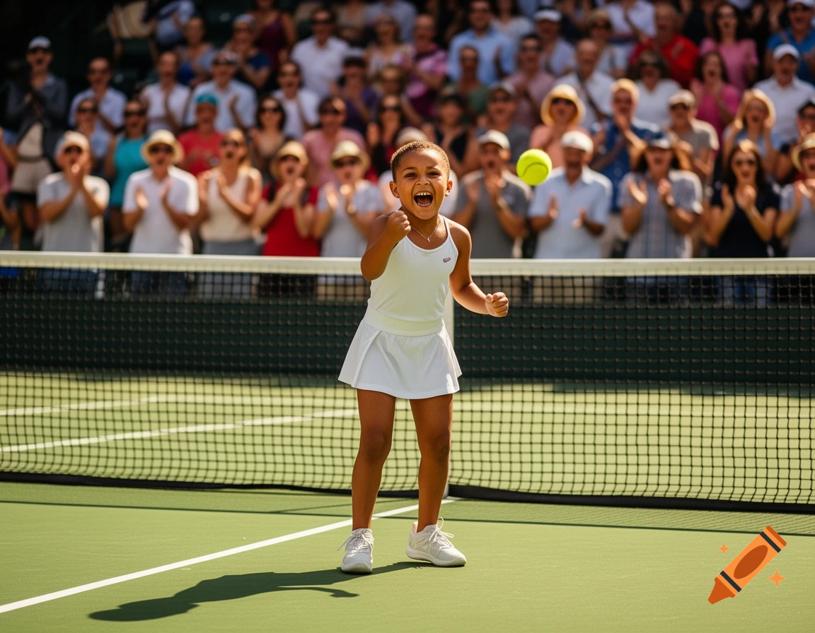 A young girl in a white tennis outfit celebrates on a tennis court, with a tennis ball in the air and a cheering crowd in the background.