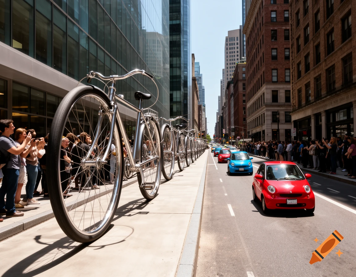 An urban street with an art installation of oversized silver bicycles on the sidewalk. Small cars drive past while people observe.