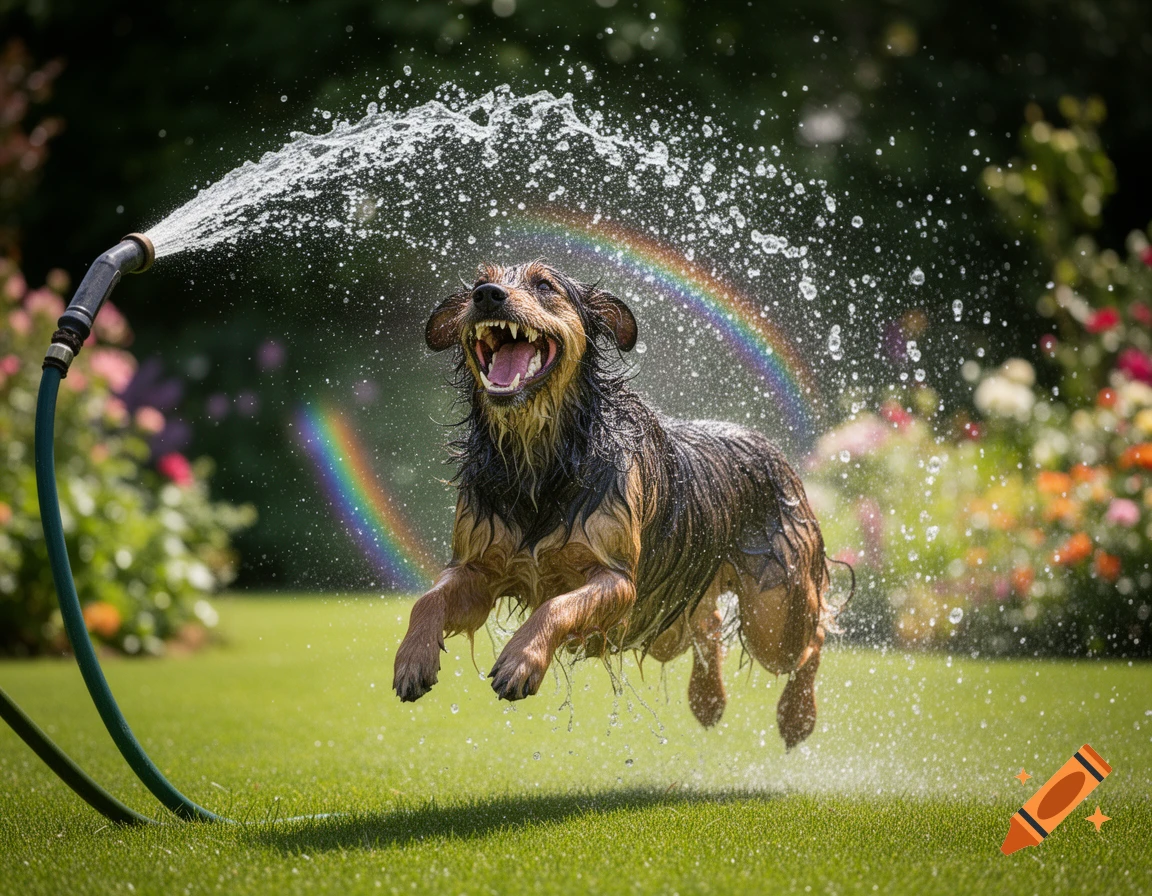 A joyful wet dog jumps through water spraying from a garden hose, creating a rainbow, on a sunny green lawn.