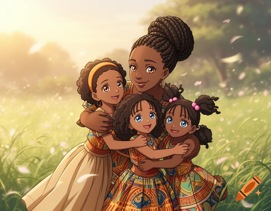 Anime style illustration of an African mother hugging her three daughters in a sunny grassy field.