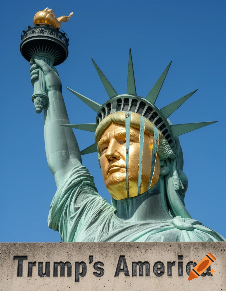 Photorealistic image of the Statue of Liberty with a peeling gold Donald Trump mask on her face, over text 'Trump's America'.