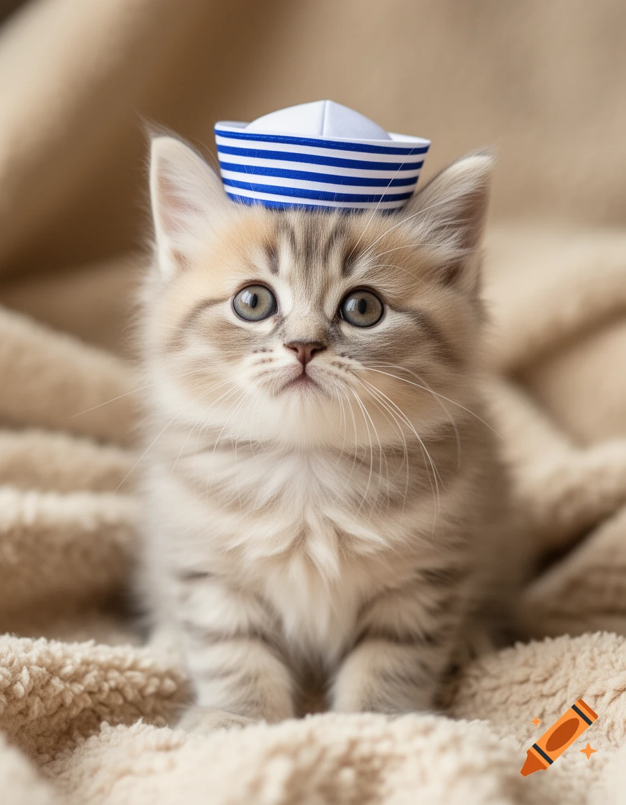 A fluffy kitten wearing a white and blue striped sailor hat looks up intently while sitting on a beige blanket.