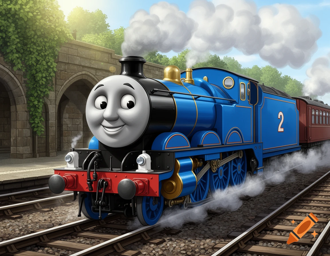 Edward the Blue Engine, a blue cartoon train with the number 2, steams on tracks past a stone archway with green vines under a sunny sky.